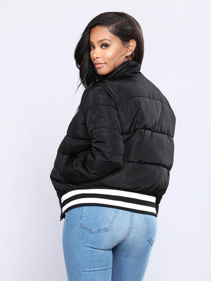 S391426 Autumn and Winter Popular Women's Warm Cotton Clothing European and American Women's Threaded Stripesd Hidden Button Cotton Jacket Jacket
