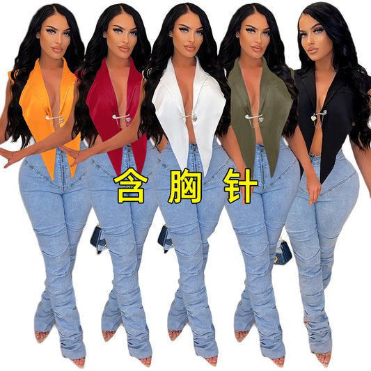 S390278 Foreign Trade Women's Sexy Fashionable Pure Color European and American Women's Suit Small Jacket Women's Multi-Color Optional