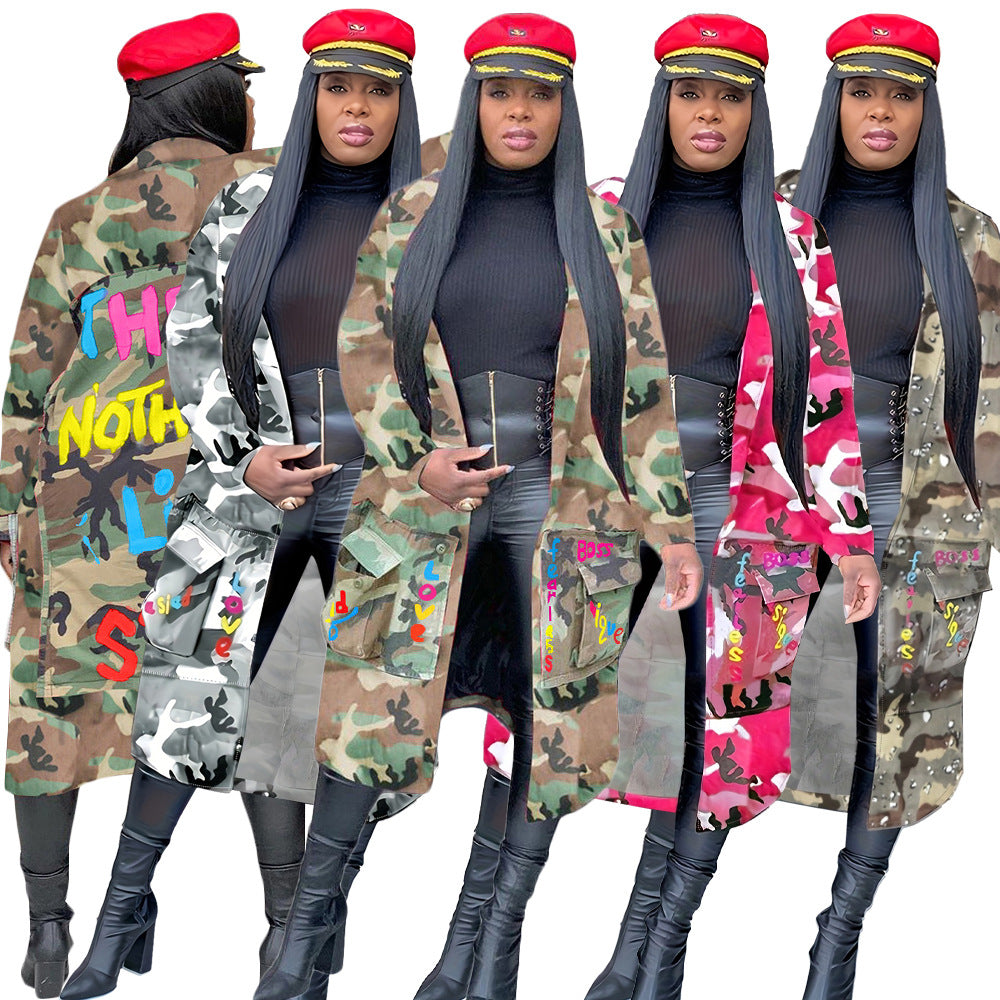 S390237 Spot Wholesale Women's Mid-Length Casual Fashion European and American Camouflage Printed Patch Jacket Military Outwear