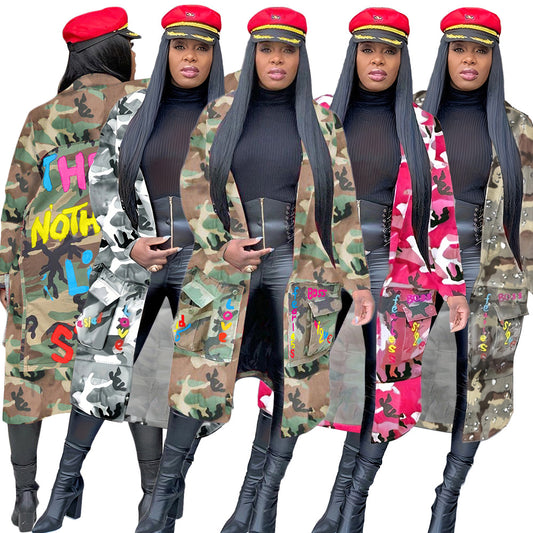 S390237 Spot Wholesale Women's Mid-Length Casual Fashion European and American Camouflage Printed Patch Jacket Military Outwear