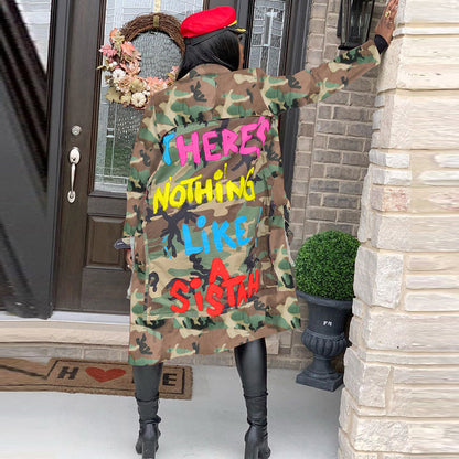 S390237 Spot Wholesale Women's Mid-Length Casual Fashion European and American Camouflage Printed Patch Jacket Military Outwear