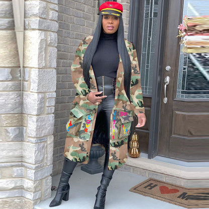 S390237 Spot Wholesale Women's Mid-Length Casual Fashion European and American Camouflage Printed Patch Jacket Military Outwear