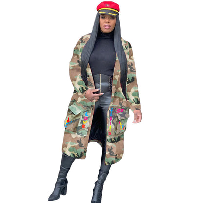 S390237 Spot Wholesale Women's Mid-Length Casual Fashion European and American Camouflage Printed Patch Jacket Military Outwear