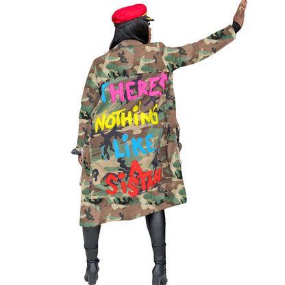 S390237 Spot Wholesale Women's Mid-Length Casual Fashion European and American Camouflage Printed Patch Jacket Military Outwear