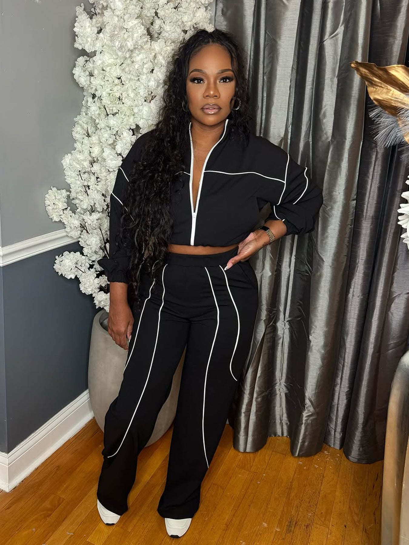 S391439 European and American Fashion Women's Woven Contrasting Line Top Wide-Leg Elastic Button Sports Pants Two-Piece Set