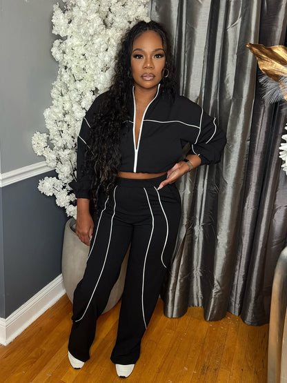 S391439 European and American Fashion Women's Woven Contrasting Line Top Wide-Leg Elastic Button Sports Pants Two-Piece Set