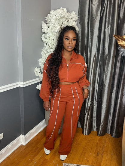 S391439 European and American Fashion Women's Woven Contrasting Line Top Wide-Leg Elastic Button Sports Pants Two-Piece Set