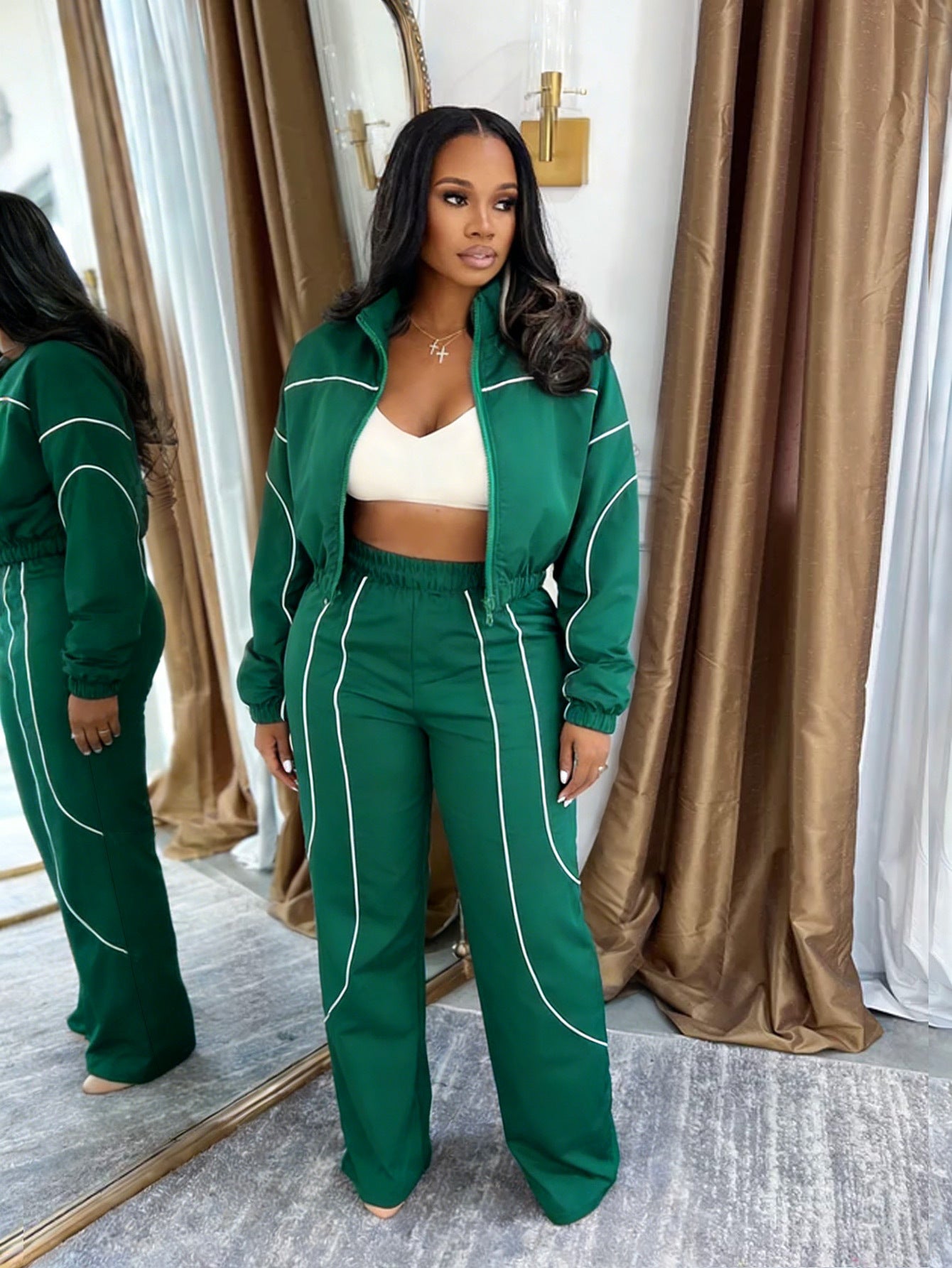 S391439 European and American Fashion Women's Woven Contrasting Line Top Wide-Leg Elastic Button Sports Pants Two-Piece Set