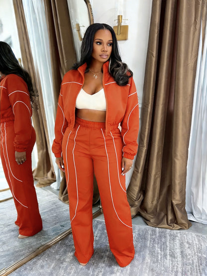 S391439 European and American Fashion Women's Woven Contrasting Line Top Wide-Leg Elastic Button Sports Pants Two-Piece Set