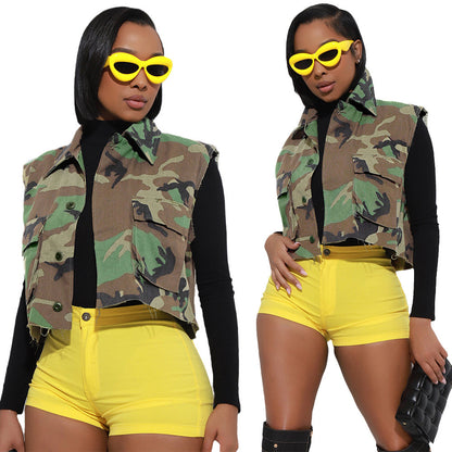 S390511 Cross-Border Wholesale Casual Fashion European and American Camouflage Print Large Flap Pocket Pants Lapel Short Sleeveless Vest for Women