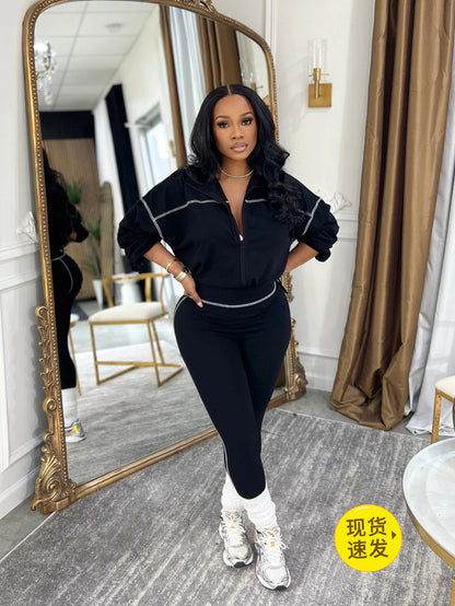 S391525 Fashion Casual Sports Suit Women's Spring and Autumn Solid Color Long Sleeve Zipper Women's Clothing Slimming Two-Piece Suit