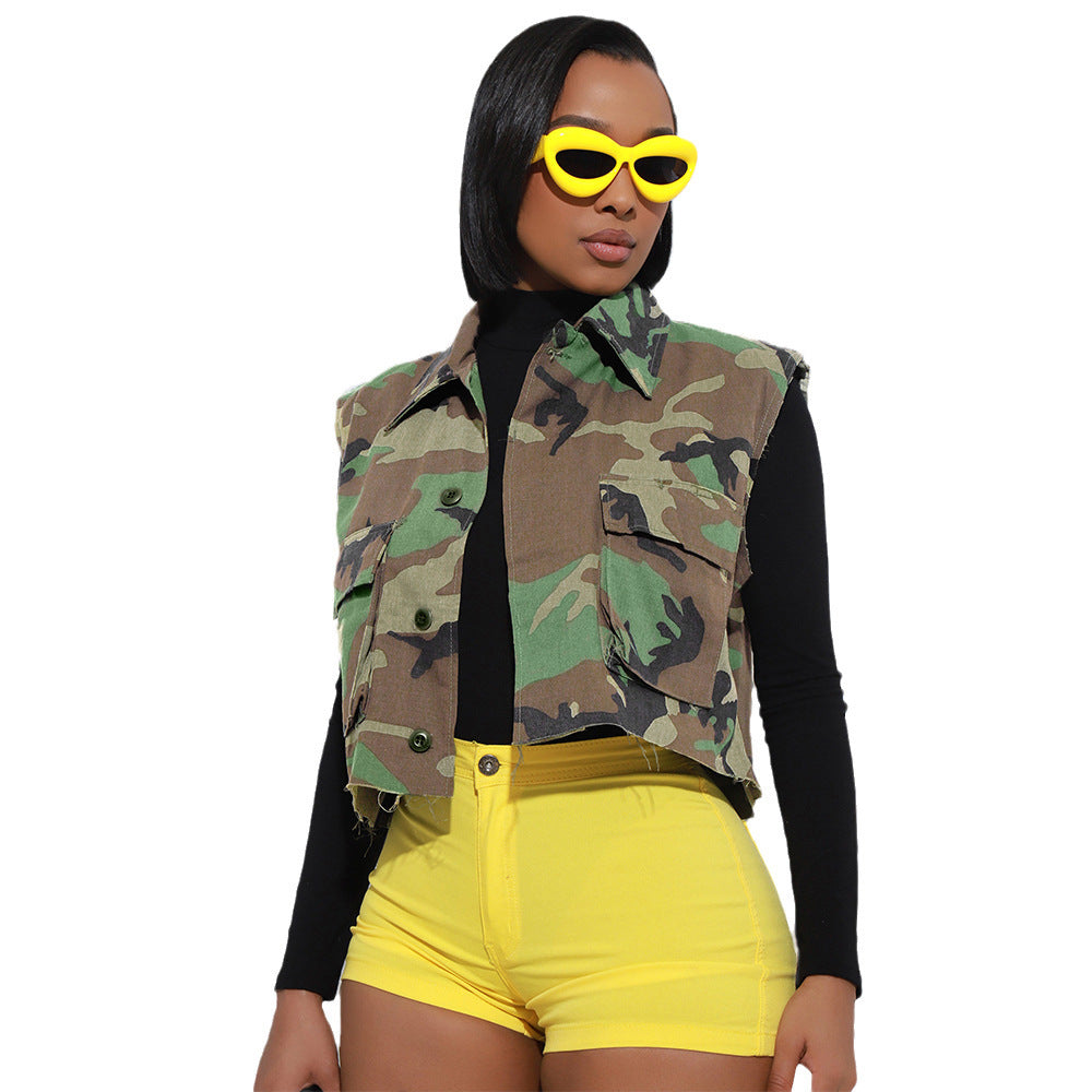 S390511 Cross-Border Wholesale Casual Fashion European and American Camouflage Print Large Flap Pocket Pants Lapel Short Sleeveless Vest for Women