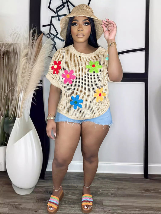 S391189 Cross-Border Wholesale Women's Clothing Hollow-Out Knitwear with Colorful Floral Appliques, Round Neck, Short-Sleeve Cover-Up, Vacation Style