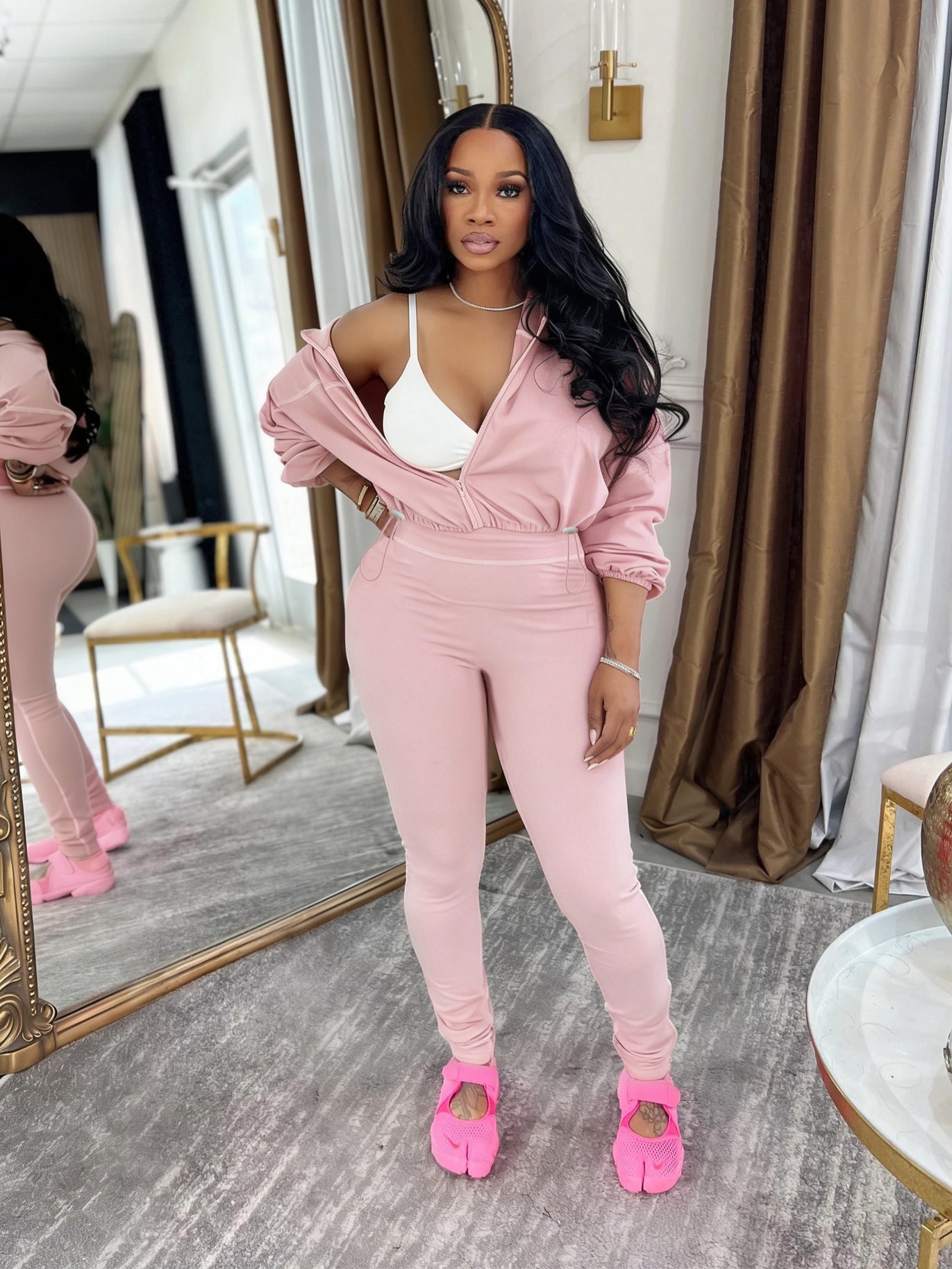 S391525 Fashion Casual Sports Suit Women's Spring and Autumn Solid Color Long Sleeve Zipper Women's Clothing Slimming Two-Piece Suit