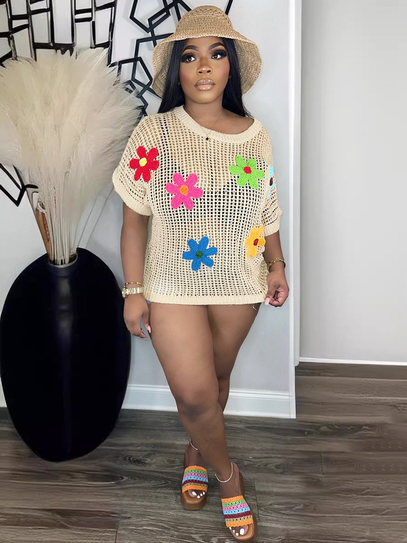 S391189 Cross-Border Wholesale Women's Clothing Hollow-Out Knitwear with Colorful Floral Appliques, Round Neck, Short-Sleeve Cover-Up, Vacation Style