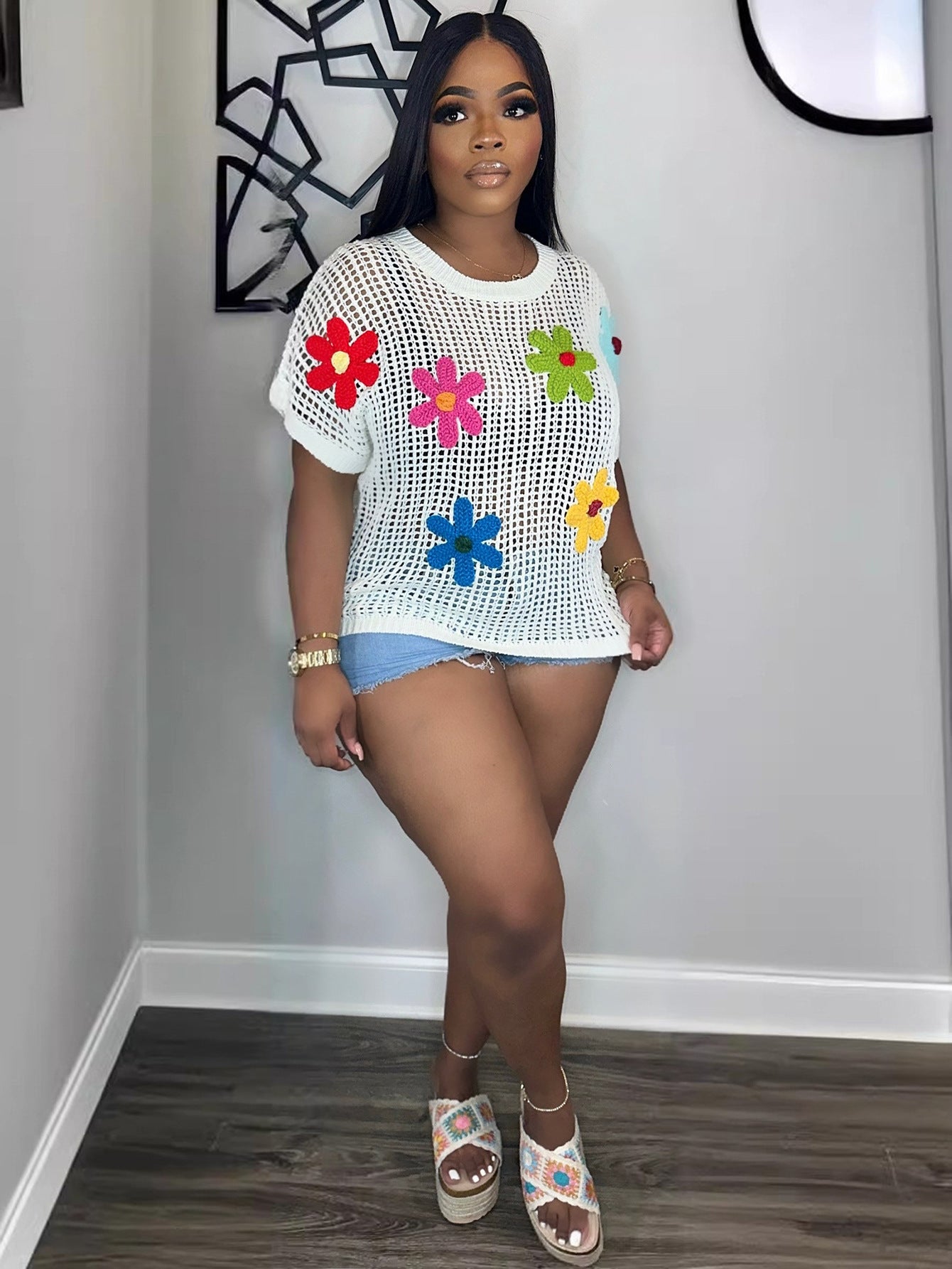 S391189 Cross-Border Wholesale Women's Clothing Hollow-Out Knitwear with Colorful Floral Appliques, Round Neck, Short-Sleeve Cover-Up, Vacation Style