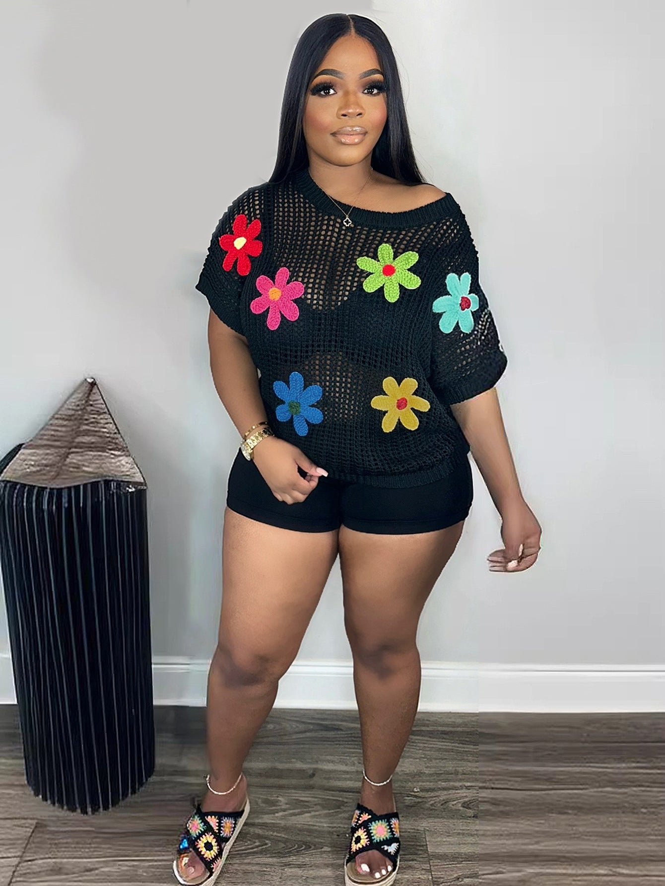 S391189 Cross-Border Wholesale Women's Clothing Hollow-Out Knitwear with Colorful Floral Appliques, Round Neck, Short-Sleeve Cover-Up, Vacation Style