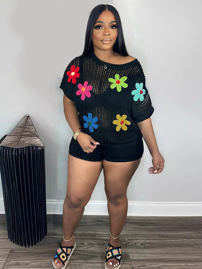 S391189 Cross-Border Wholesale Women's Clothing Hollow-Out Knitwear with Colorful Floral Appliques, Round Neck, Short-Sleeve Cover-Up, Vacation Style