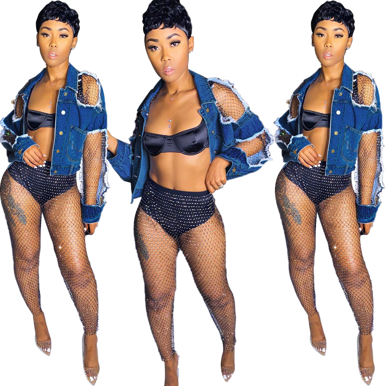 S390180 Cross-Border Denim Jacket Women's Pure Color Ripped Off-Shoulder Short Denim Jacket European and American Export