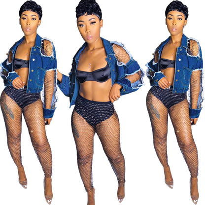 S390180 Cross-Border Denim Jacket Women's Pure Color Ripped Off-Shoulder Short Denim Jacket European and American Export