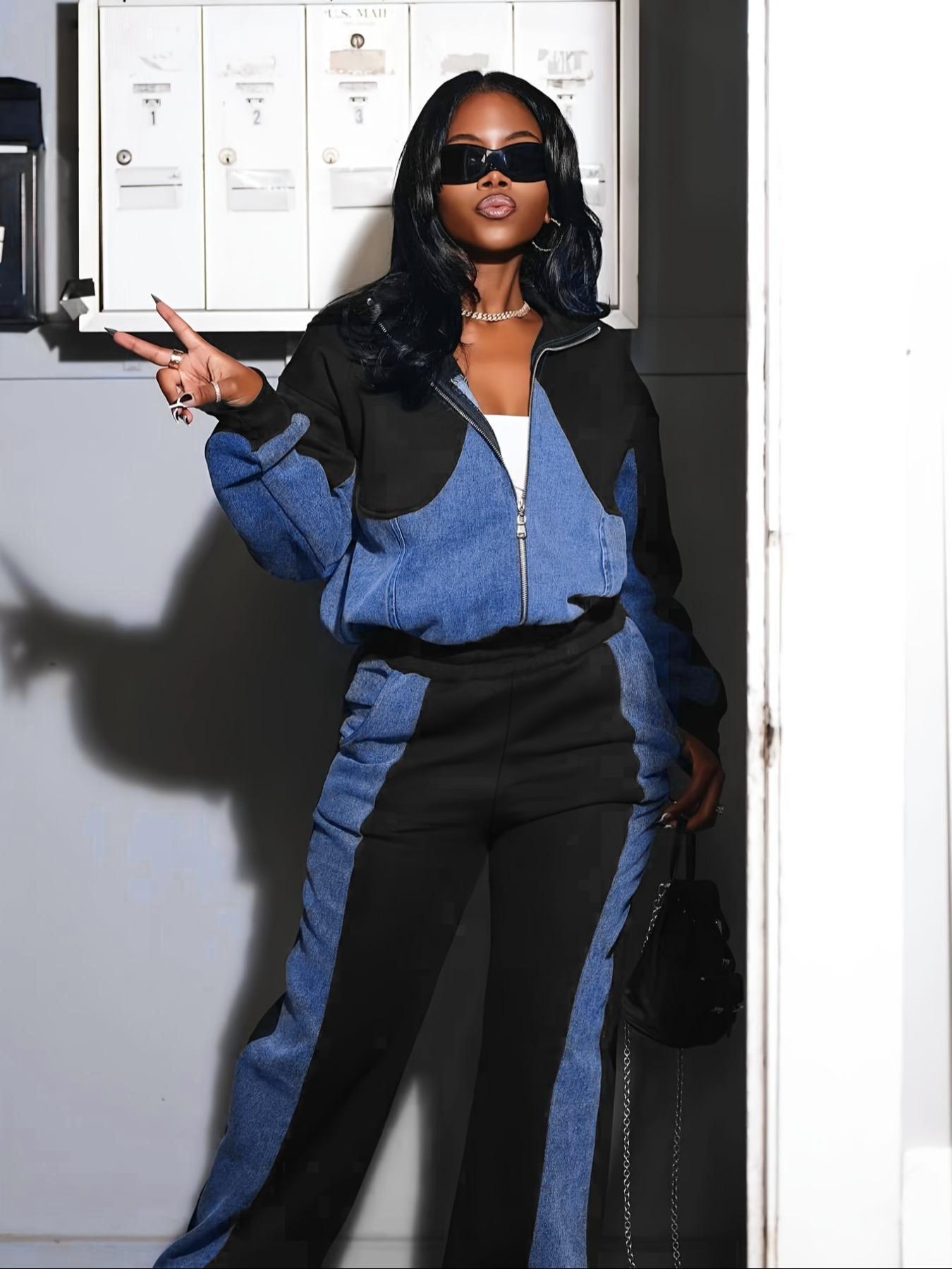 S391297 Cross-Border European and American Autumn and Winter New Women's Denim Splicing Suit Jacket and Pants Two-Piece Set