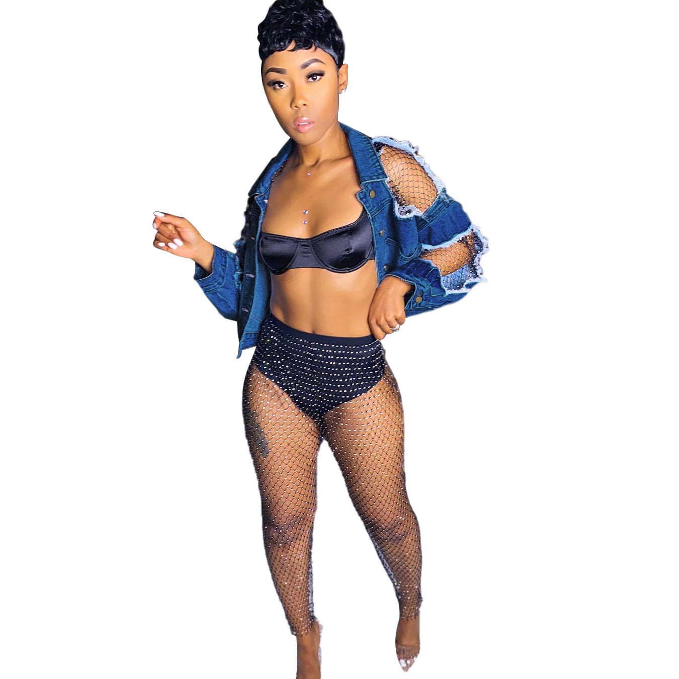 S390180 Cross-Border Denim Jacket Women's Pure Color Ripped Off-Shoulder Short Denim Jacket European and American Export