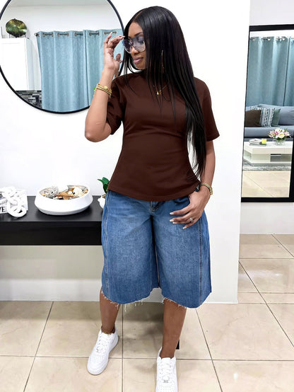 S391544 Cross-Border Women's Clothing Wholesale Spring and Summer Short-Sleeved round Neck T-shirt Women's Casual Street Back Zipper Fashion Top