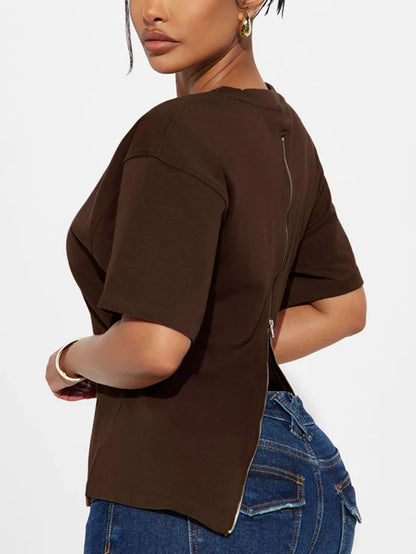 S391544 Cross-Border Women's Clothing Wholesale Spring and Summer Short-Sleeved round Neck T-shirt Women's Casual Street Back Zipper Fashion Top