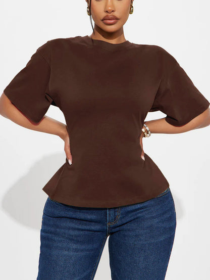 S391544 Cross-Border Women's Clothing Wholesale Spring and Summer Short-Sleeved round Neck T-shirt Women's Casual Street Back Zipper Fashion Top