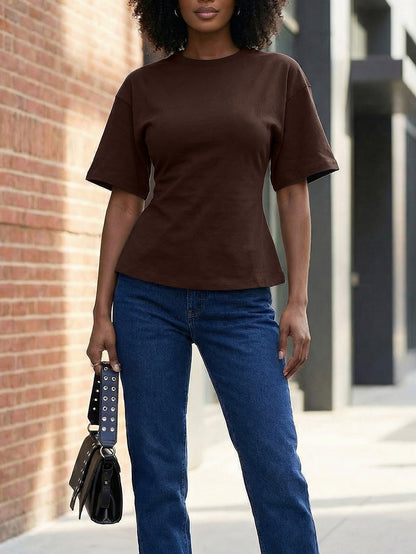 S391544 Cross-Border Women's Clothing Wholesale Spring and Summer Short-Sleeved round Neck T-shirt Women's Casual Street Back Zipper Fashion Top