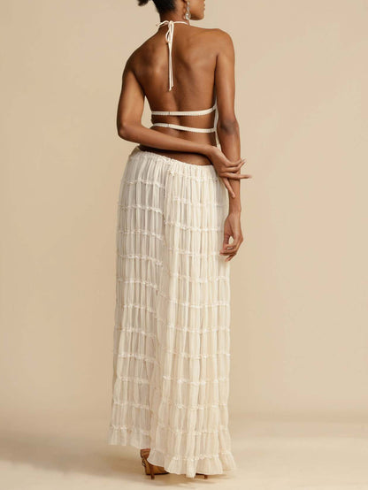 S391524 Spring and Summer Holiday Style Halter Suit Women's Pure Desire to Pleated Sling Top + Half-Length Dress Two-Piece Suit