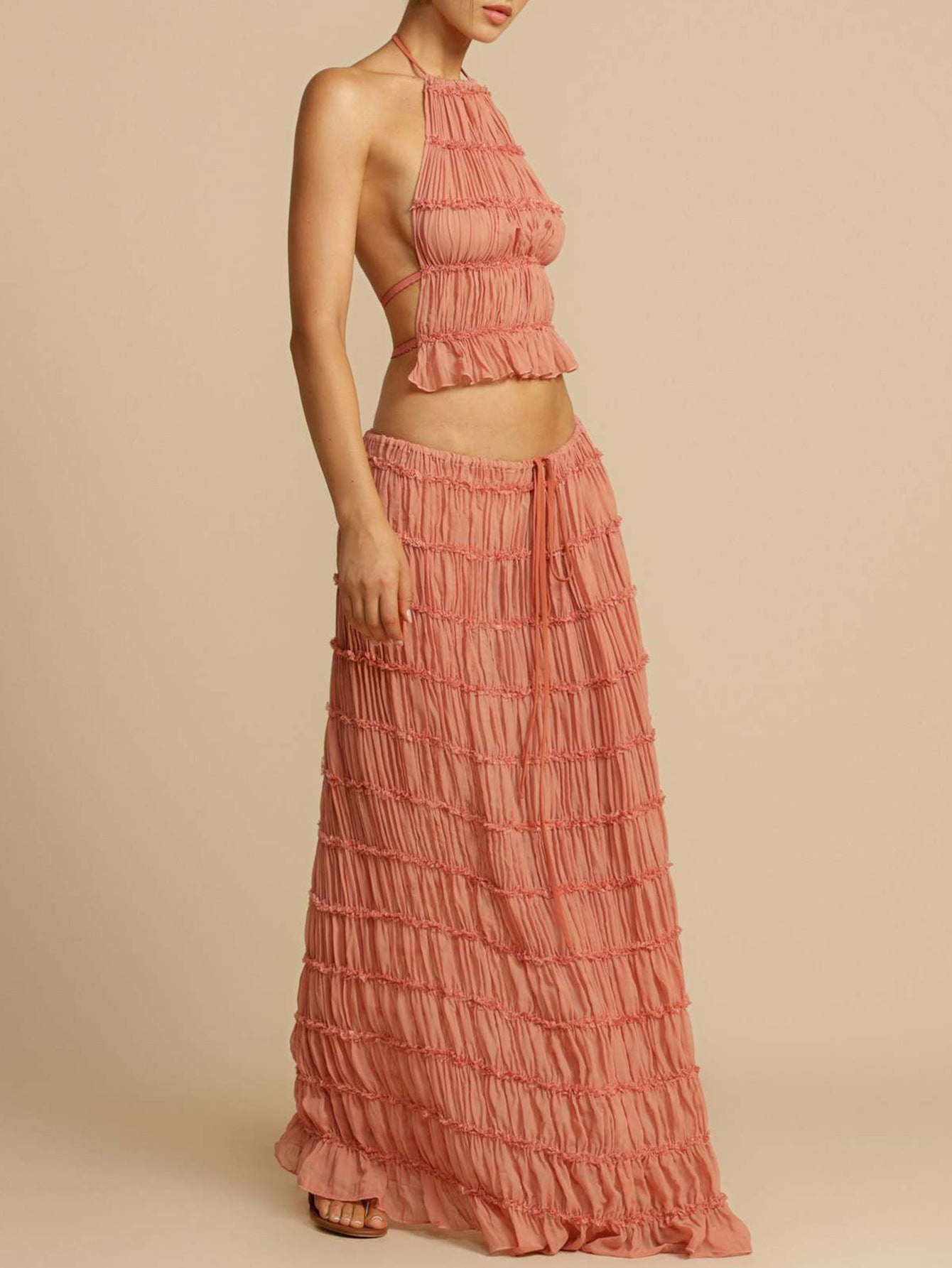 S391524 Spring and Summer Holiday Style Halter Suit Women's Pure Desire to Pleated Sling Top + Half-Length Dress Two-Piece Suit