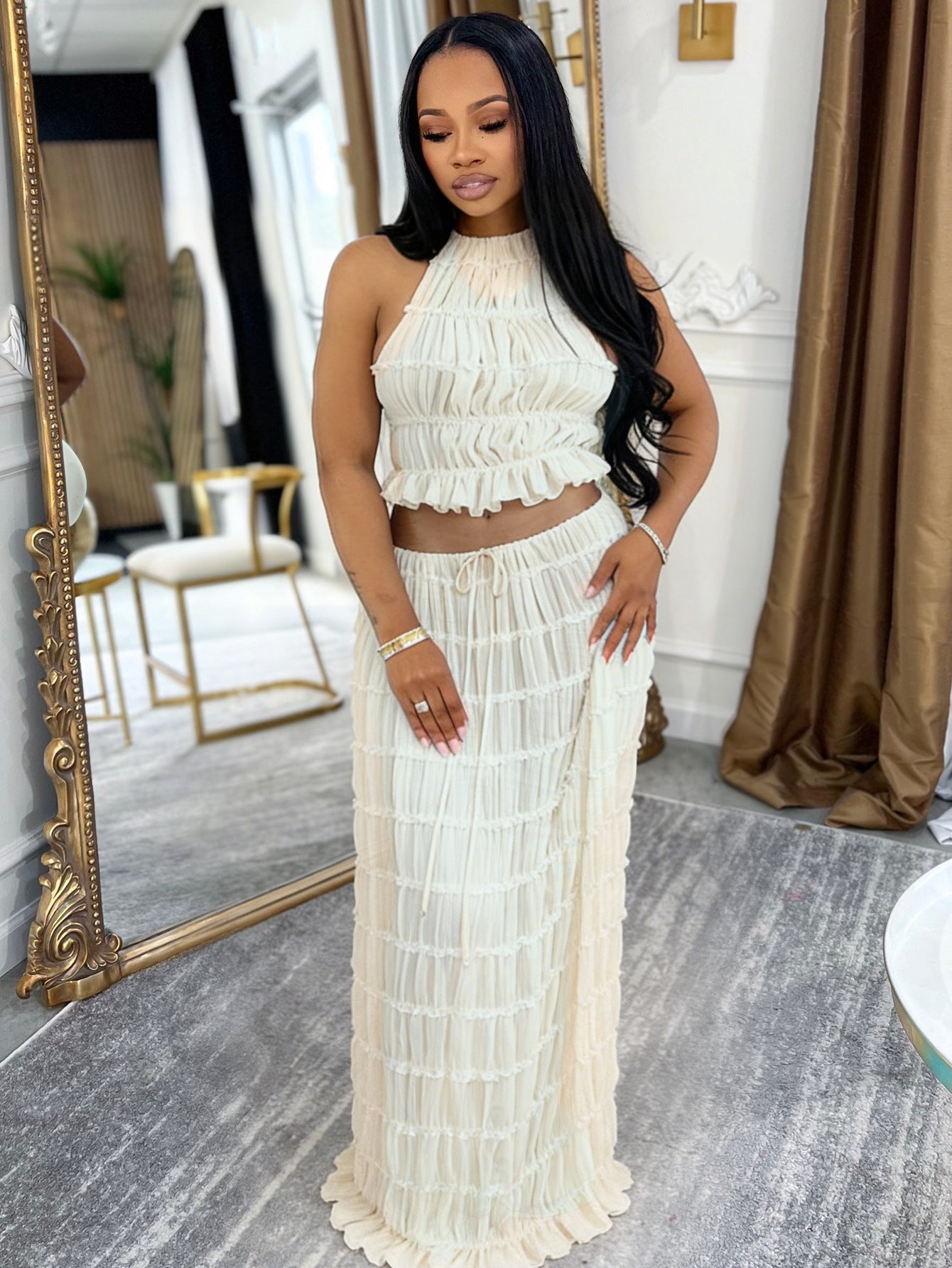 S391524 Spring and Summer Holiday Style Halter Suit Women's Pure Desire to Pleated Sling Top + Half-Length Dress Two-Piece Suit