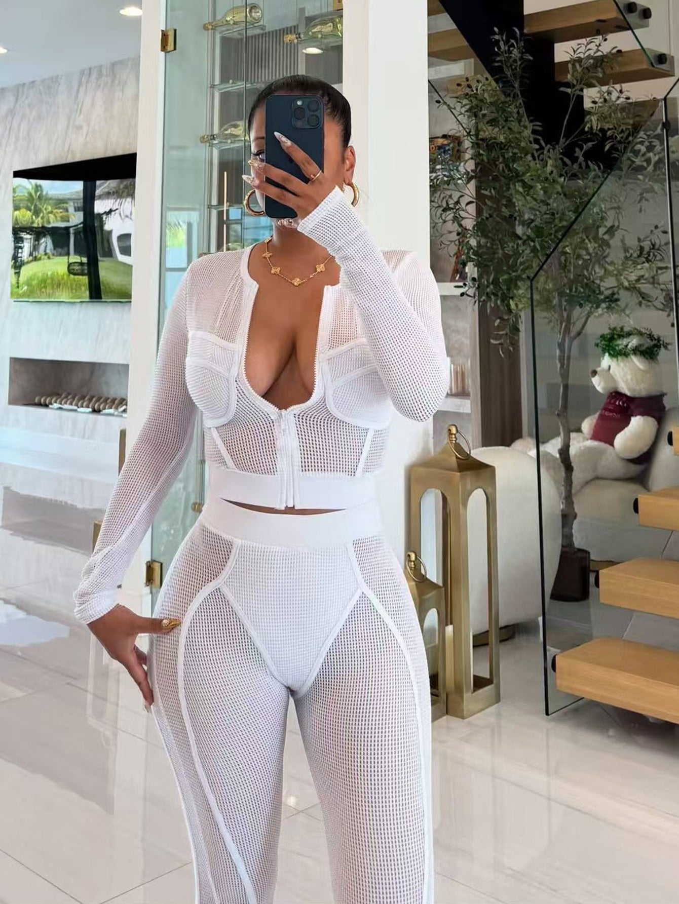 S391418 Cross-Border European and American Clothing, Fashionable and Casual Mesh Suit for Women, Zipper Cardigan and Tights Two-Piece Set