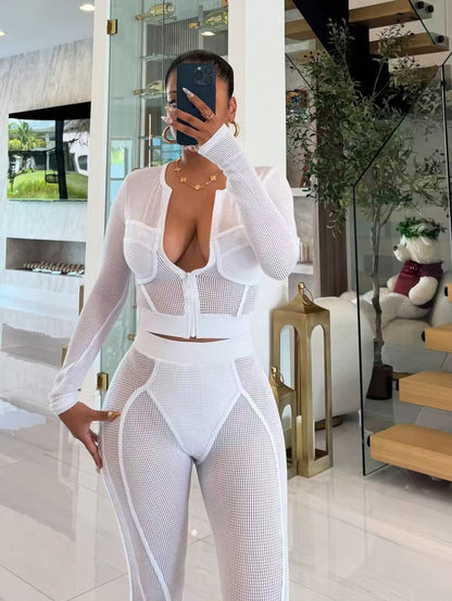S391418 Cross-Border European and American Clothing, Fashionable and Casual Mesh Suit for Women, Zipper Cardigan and Tights Two-Piece Set