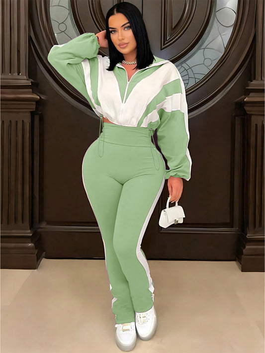 P391403 Contrast Color Stitching Sports Suit Women's Fashion Large Size Casual Pants + Cardigan Jacket Two-Piece Set