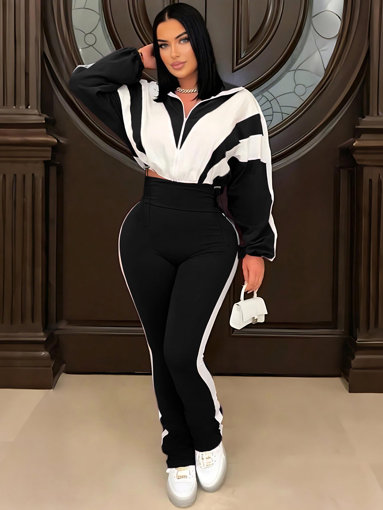 P391403 Contrast Color Stitching Sports Suit Women's Fashion Large Size Casual Pants + Cardigan Jacket Two-Piece Set