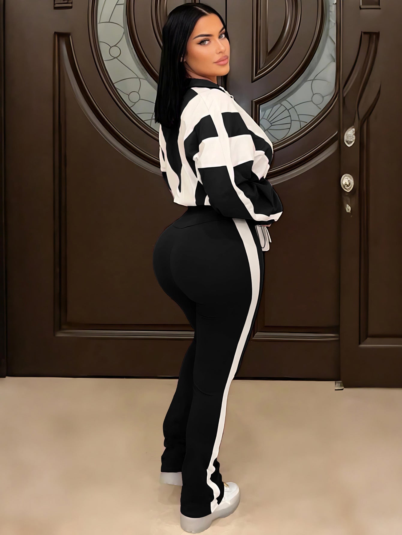 P391403 Contrast Color Stitching Sports Suit Women's Fashion Large Size Casual Pants + Cardigan Jacket Two-Piece Set