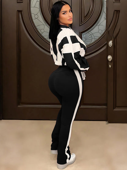 P391403 Contrast Color Stitching Sports Suit Women's Fashion Large Size Casual Pants + Cardigan Jacket Two-Piece Set
