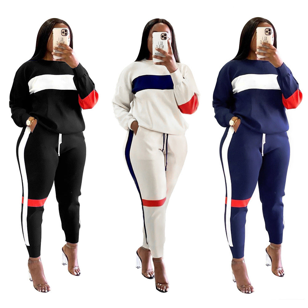 S390203 Cross-Border European and American Export Women's Sweatshirt Splicing Stripesd Suit Sports Long-Sleeved Casual Women's Clothing