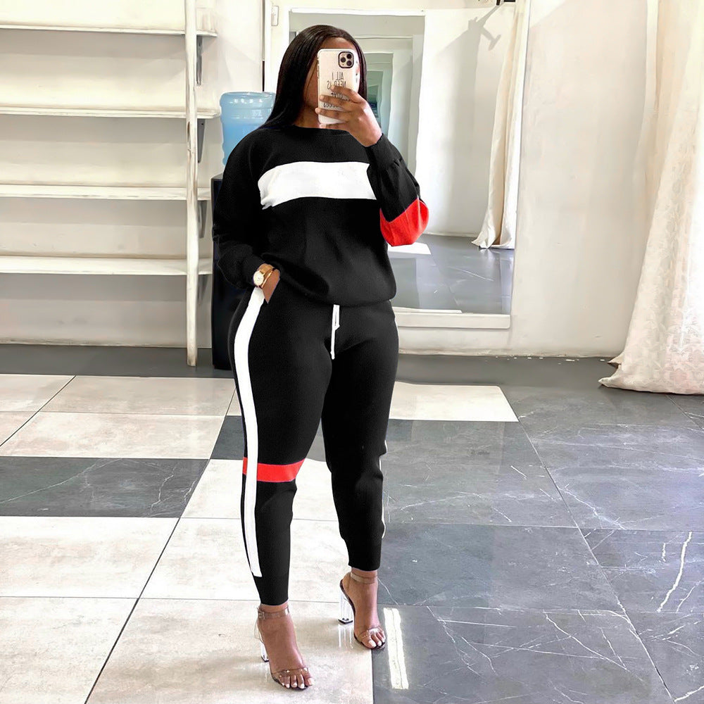 S390203 Cross-Border European and American Export Women's Sweatshirt Splicing Stripesd Suit Sports Long-Sleeved Casual Women's Clothing