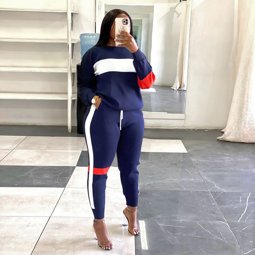 S390203 Cross-Border European and American Export Women's Sweatshirt Splicing Stripesd Suit Sports Long-Sleeved Casual Women's Clothing