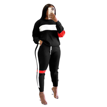 S390203 Cross-Border European and American Export Women's Sweatshirt Splicing Stripesd Suit Sports Long-Sleeved Casual Women's Clothing