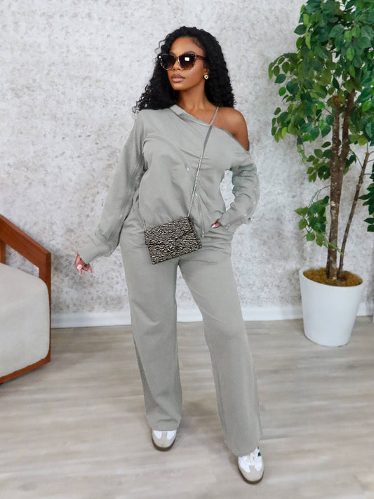 S391434 European and American Style Off-Shoulder Zipper Design Suit Women's Fashion Casual Long-Sleeved Top Wide-Leg Pants Two-Piece Set