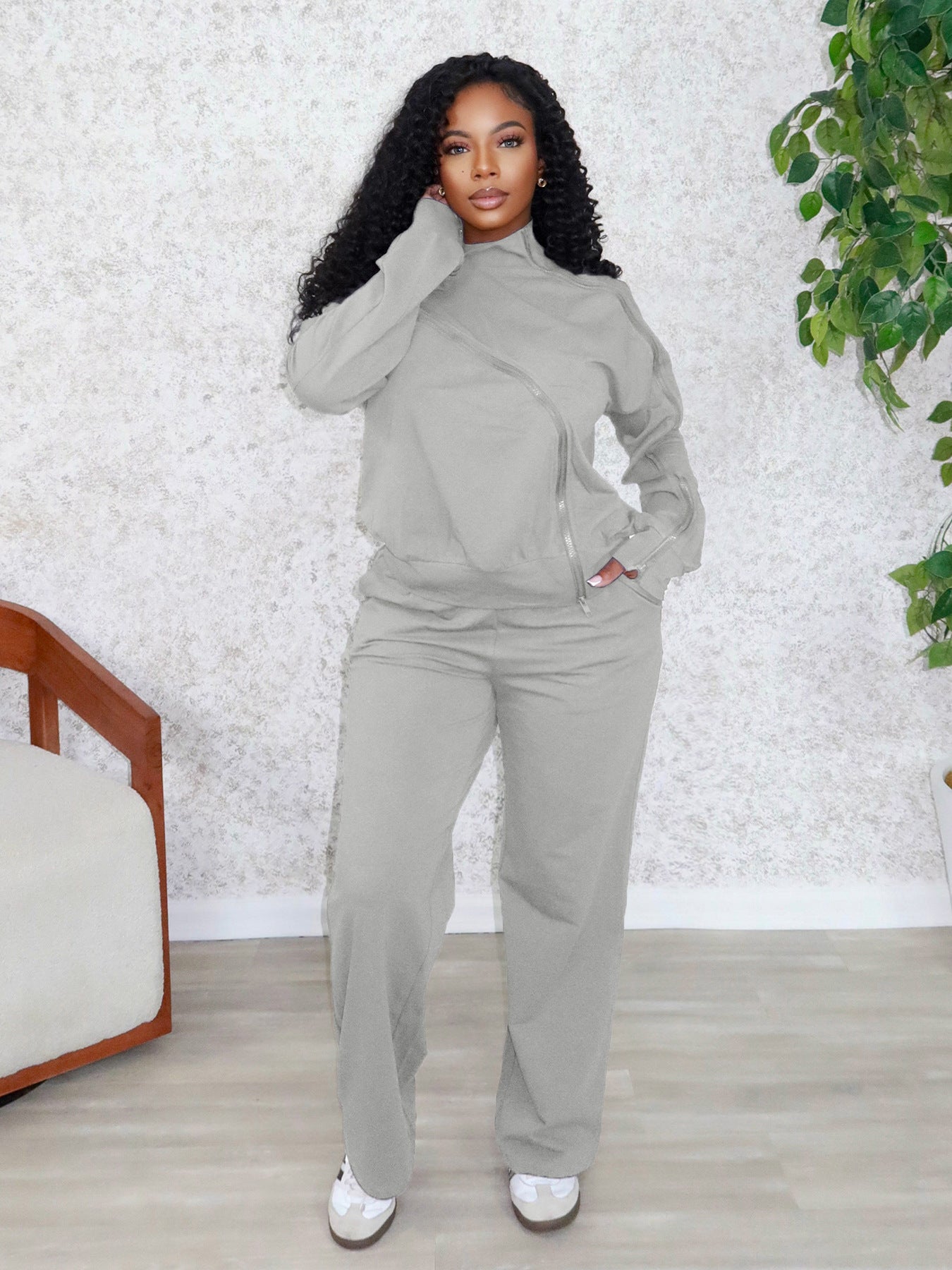 S391434 European and American Style Off-Shoulder Zipper Design Suit Women's Fashion Casual Long-Sleeved Top Wide-Leg Pants Two-Piece Set