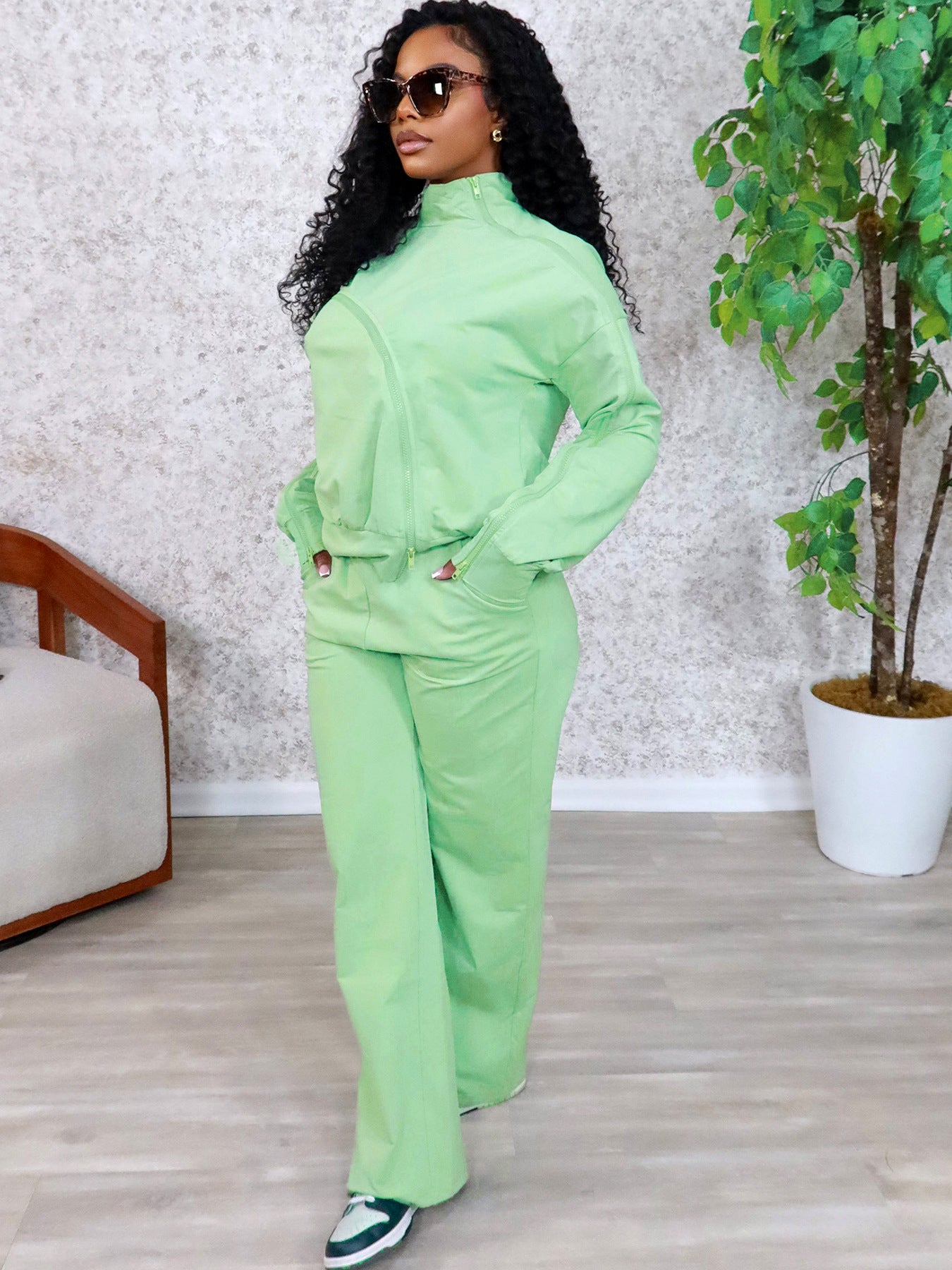 S391434 European and American Style Off-Shoulder Zipper Design Suit Women's Fashion Casual Long-Sleeved Top Wide-Leg Pants Two-Piece Set