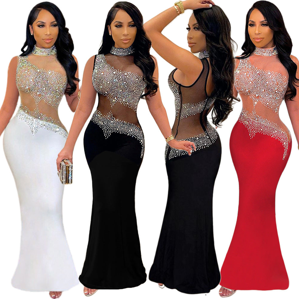 S390246 Cross-Border Amazon Ebay Women's Sexy See-Through Hot Diamond Sleeveless Dress Women's Nightclub Evening Dress