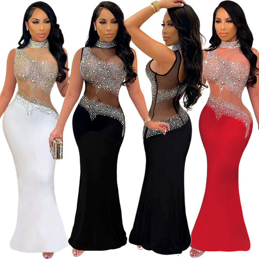 S390246 Cross-Border Amazon Ebay Women's Sexy See-Through Hot Diamond Sleeveless Dress Women's Nightclub Evening Dress
