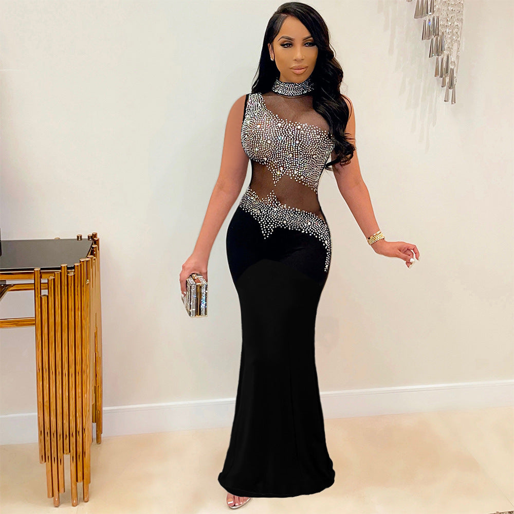 S390246 Cross-Border Amazon Ebay Women's Sexy See-Through Hot Diamond Sleeveless Dress Women's Nightclub Evening Dress
