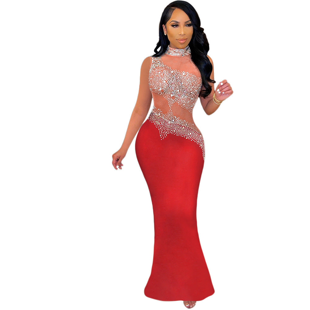 S390246 Cross-Border Amazon Ebay Women's Sexy See-Through Hot Diamond Sleeveless Dress Women's Nightclub Evening Dress